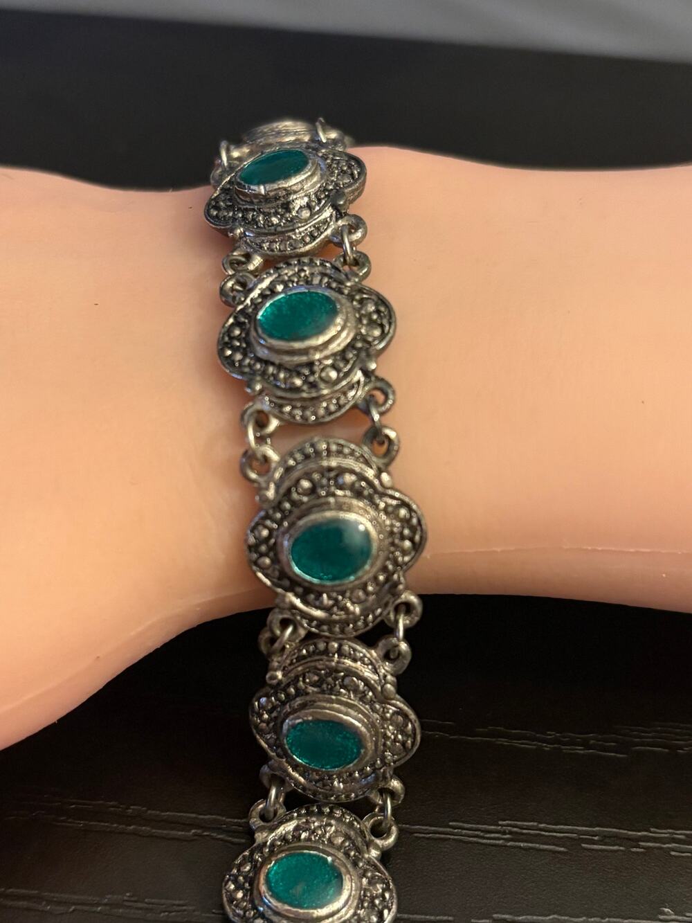 Vintage Silver Tone Teal Hamsa Charm Bracelet Sz 6.5”